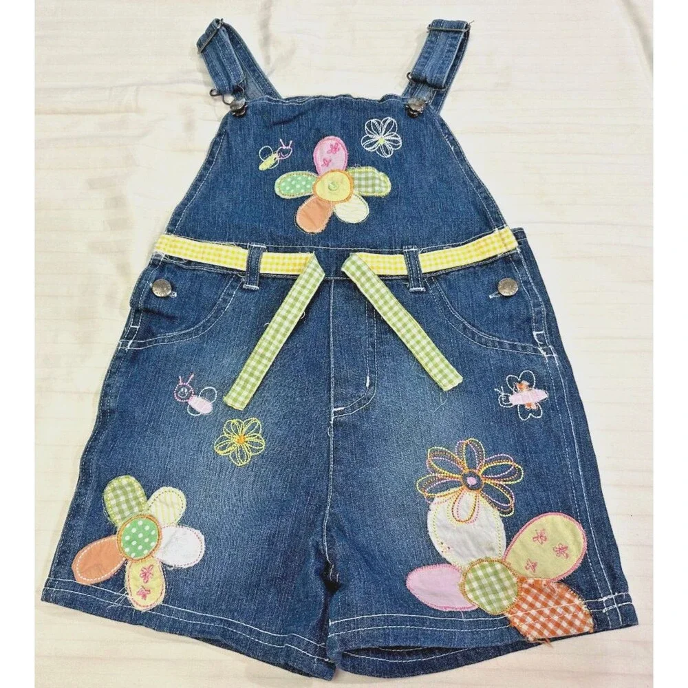 YOUNG HEARTS GIRLS DENIM OVERALLS COTTON SHORTALLS FLOWERS SIZE 4T